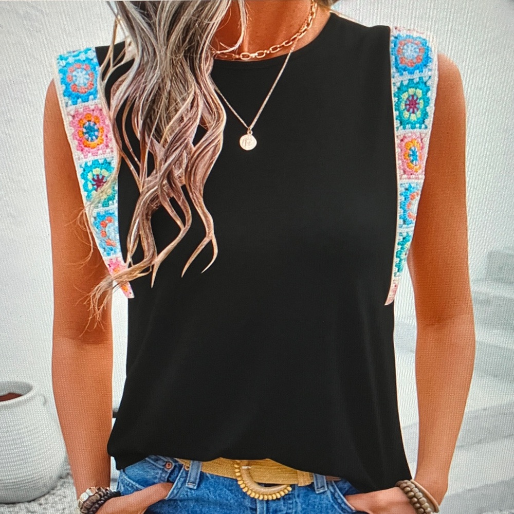 Boho Embroidered Strap Sleeveless Top - Black